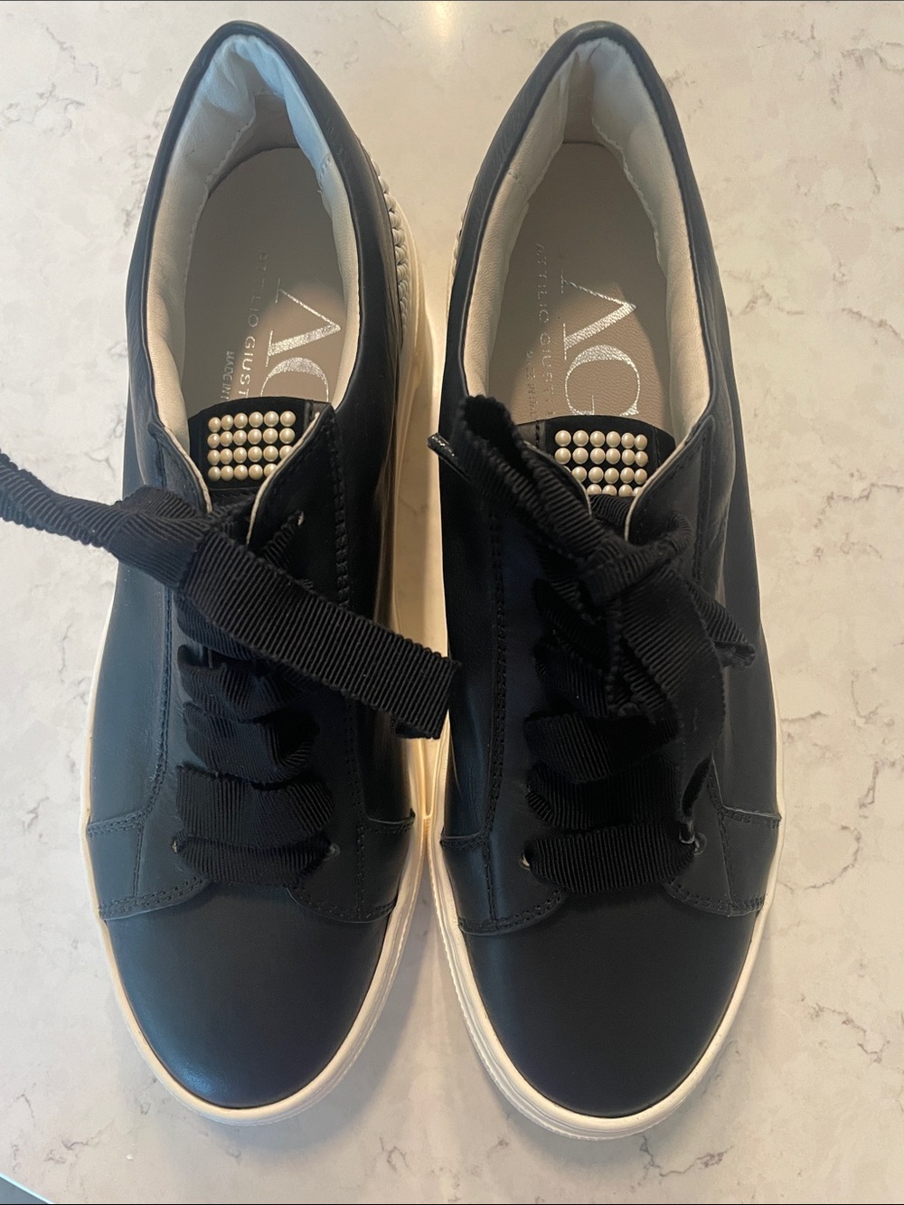 AGL Black Leather Low-Top Sneakers with Pearl Tongue Detail